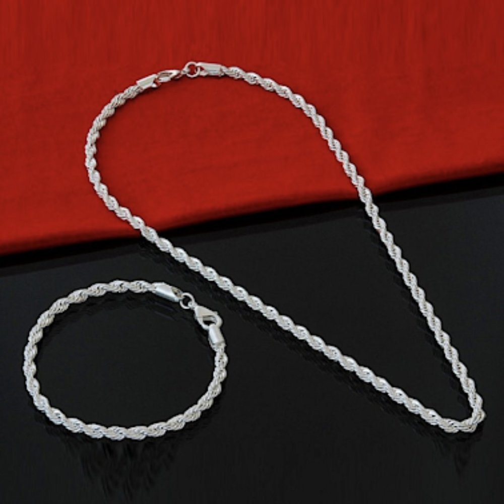 STERLING SILVER ROPE CHAIN NECKLACE  BRACELET SET UNISEX - Picture 2 of 6